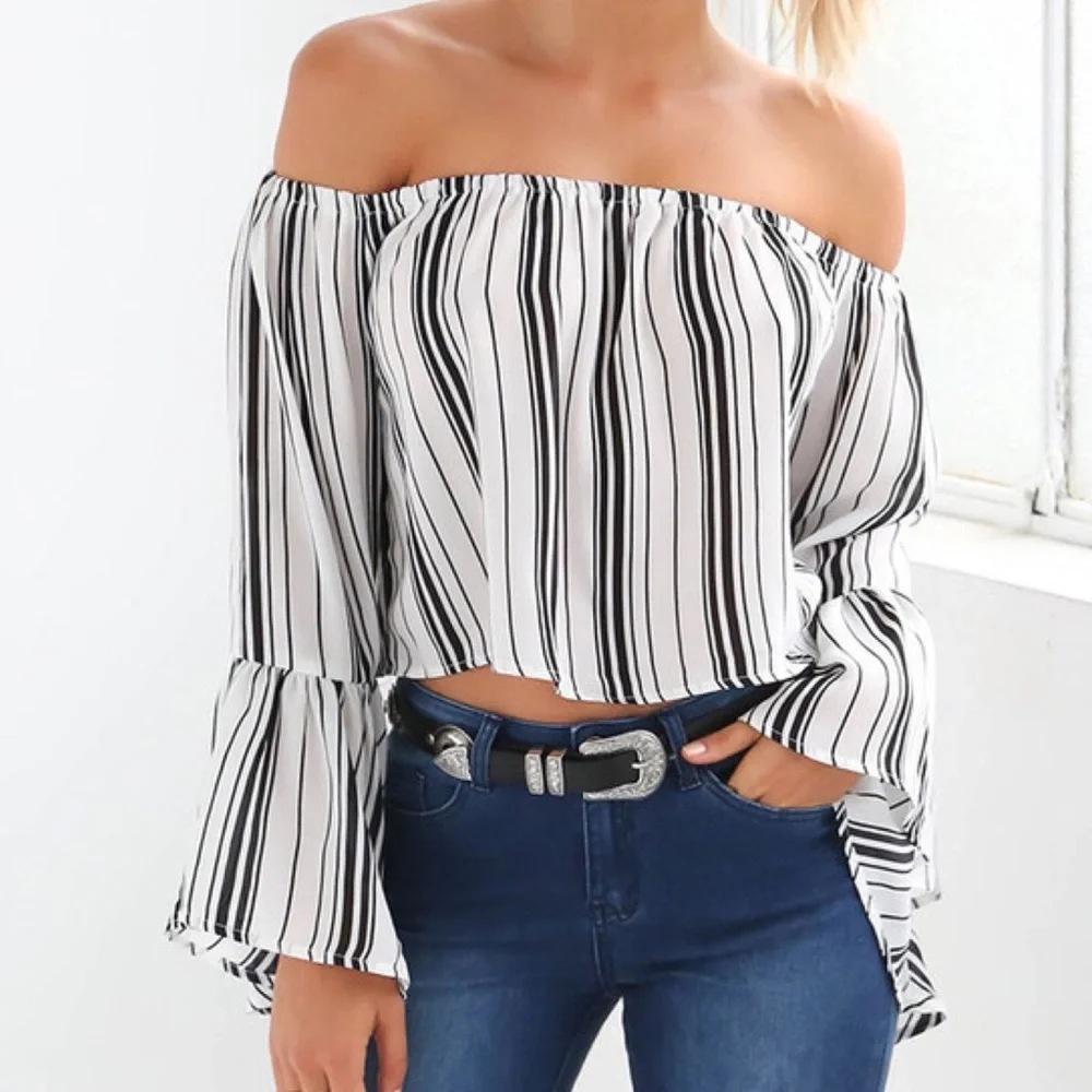 Striped Long Flared Sleeve Off Shoulder Cropped Blouse - Picture 6 of 6